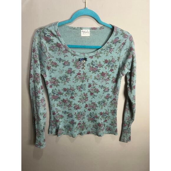 Floral Trends Top Blue Coquette Fairy Buttons Bow Whimsy Cottage Y2K Sz M - Picture 12 of 14